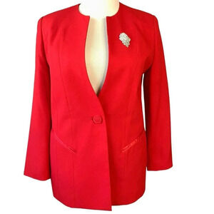 Perche Couture Vintage Fitted Collarless Suit Blazer Jacket Brooch Size 12 Red